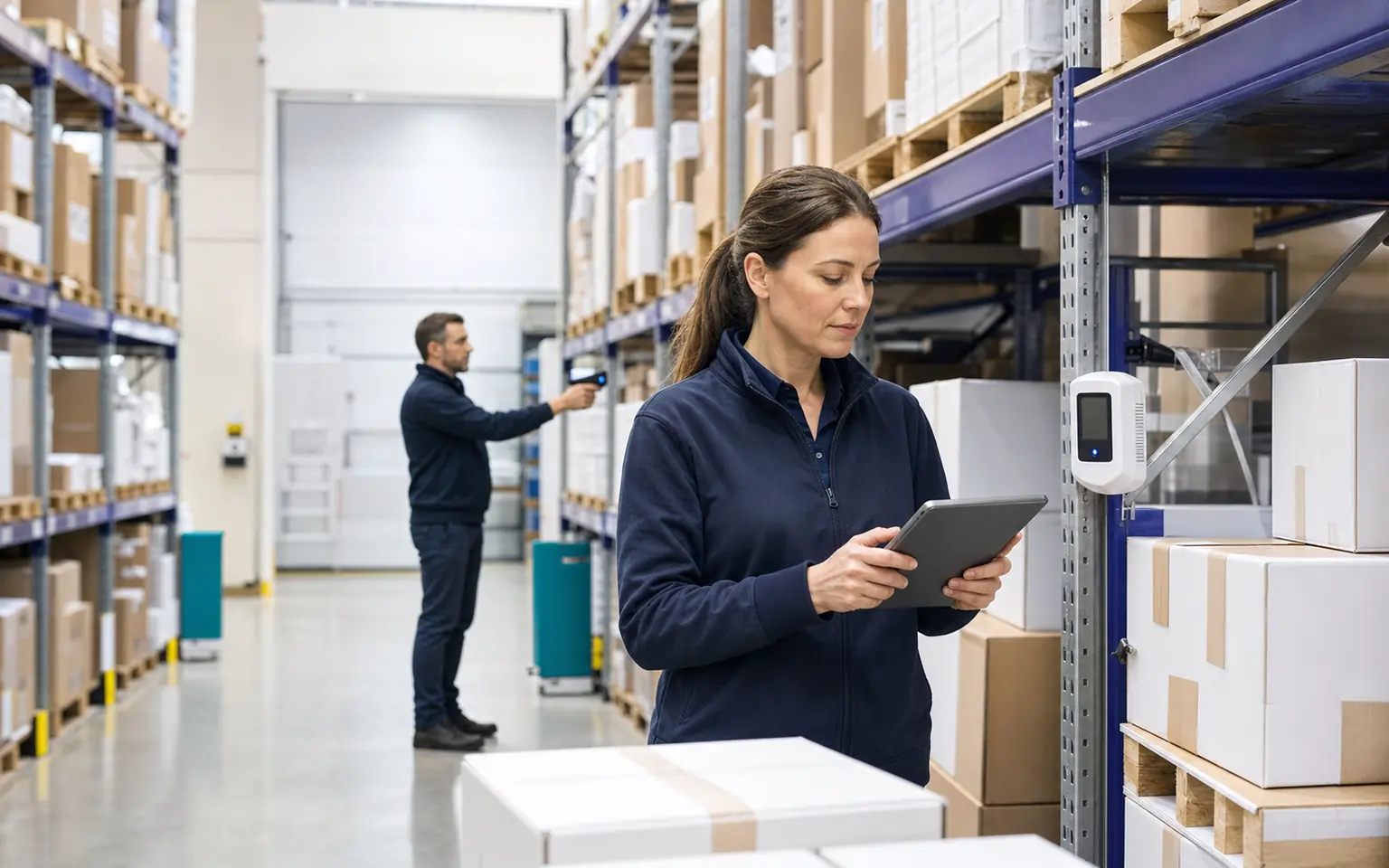 A supplier checking healthcare product cartons in a warehouse.
