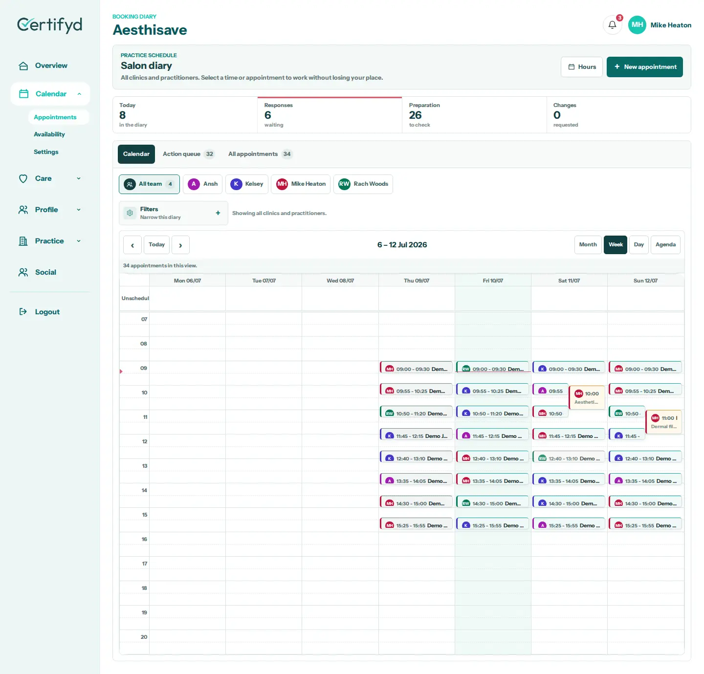 A busy Certifyd clinic diary with multiple practitioners
