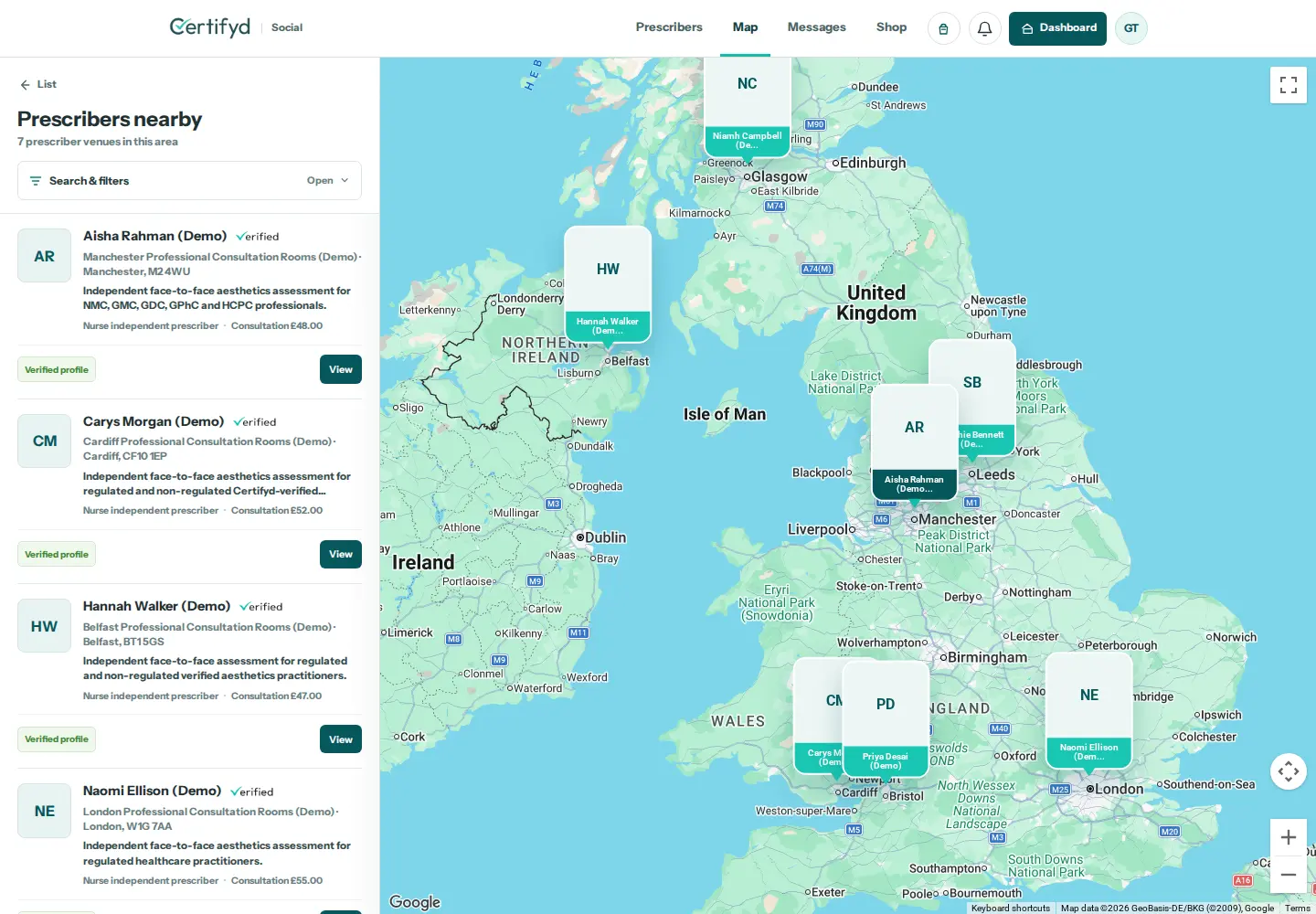 Certifyd professional map showing fictional prescriber profiles across the United Kingdom