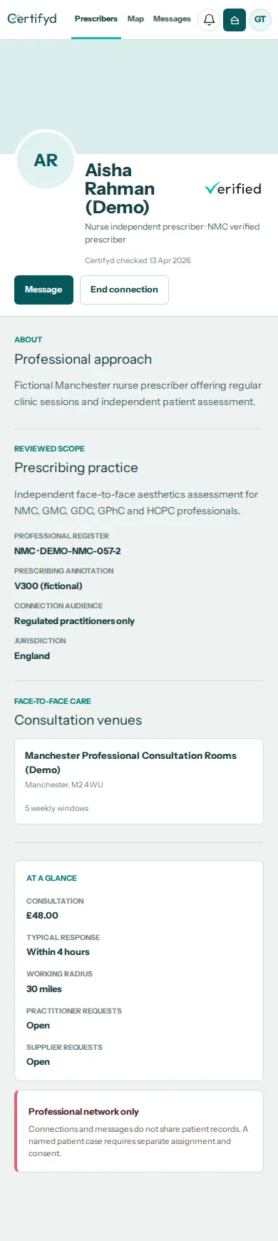 A fictional evidence-backed prescriber profile inside Certifyd Social