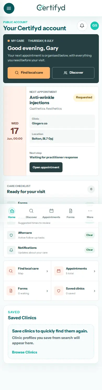 Public Certifyd care dashboard showing appointment, forms and aftercare