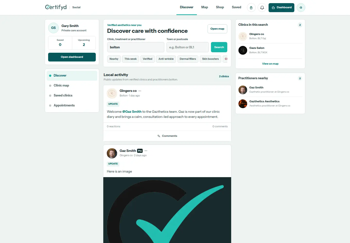 The Certifyd discovery feed showing local posts, clinics and nearby practitioners