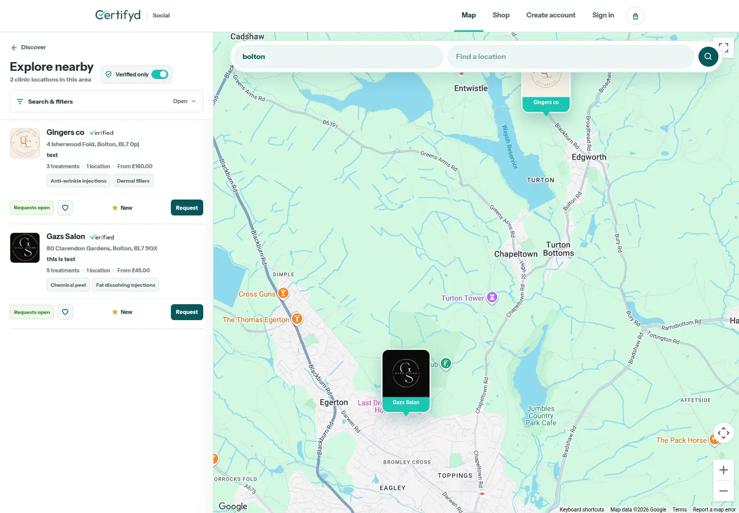 Certifyd Social map showing nearby clinics around Bolton